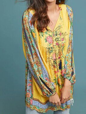 Farm Rio Boho Lorena Patchwork Tunic Dress with balloon / Puff Sleeves